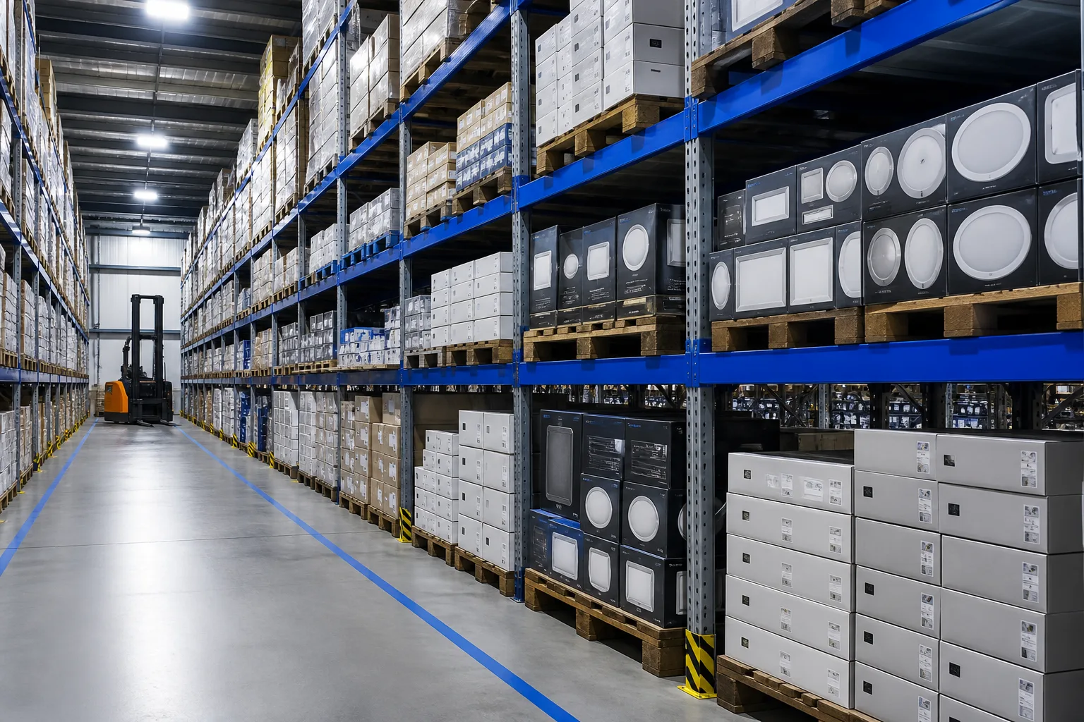 Bitmiş LED ürünlerinin düzenli depolandığı antrepo ve lojistik alanı